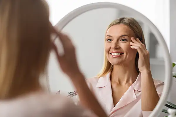 Smiling woman looking into mirror after restorative dental services at Jillian Prather Family Dentistry in Owasso, OK
