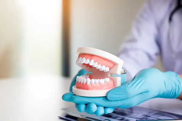 Dentist wearing gloves holding a detailed denture model at Hoffman Dental in Hillsboro, OR